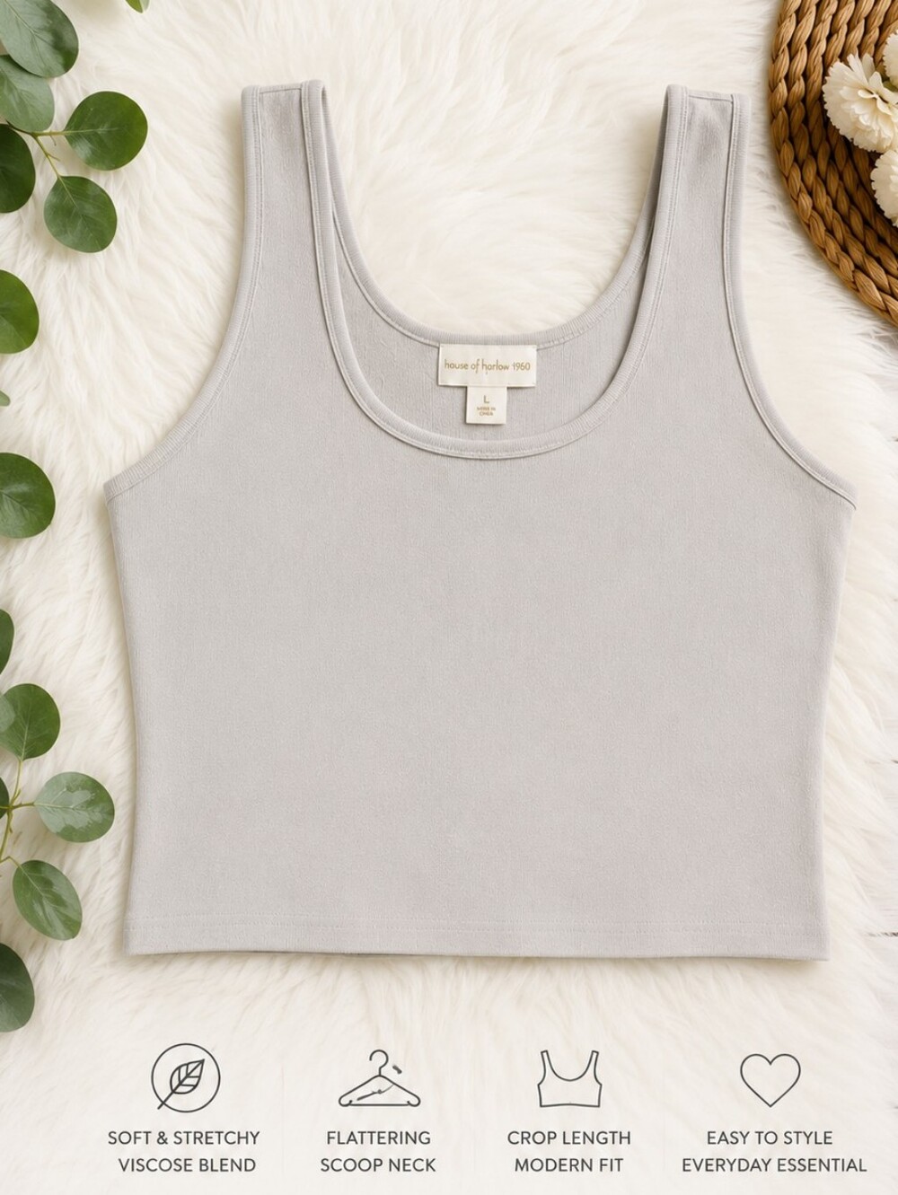 House of Harlow 1960 Scoop Neck Crop Tank Top Size L Stone Viscose Stretch